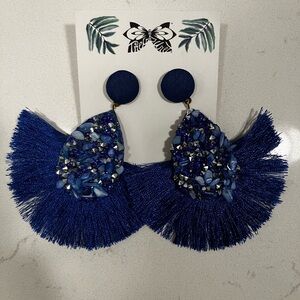 Blue Beaded Fringe Earrings